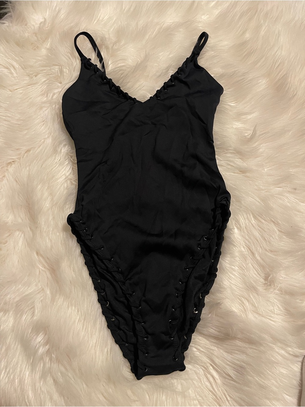 Good American Black Lace-Up One-Piece Swimsuit